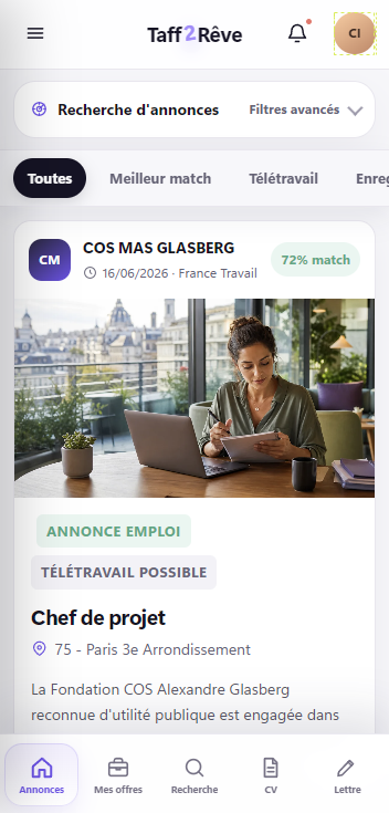Taff2Rêve sur mobile : fil d'annonces